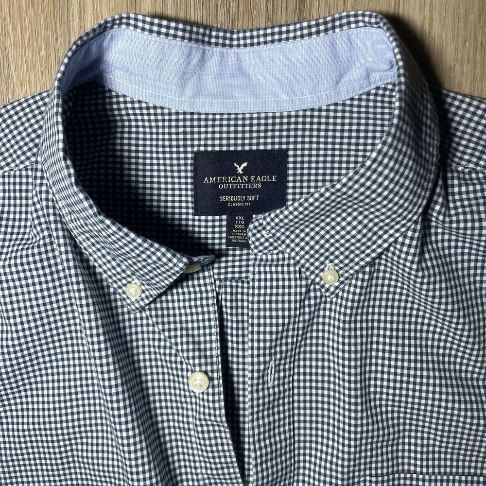 American Eagle Navy Checked Button-Down Shirt XXL 2XL